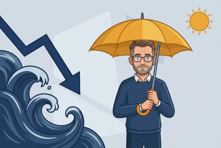 Illustratie van een belegger met bril die zich met een gele paraplu beschermt tegen een beurscrash, met stormgolven en een dalende koerspijl links en de zon rechtsboven