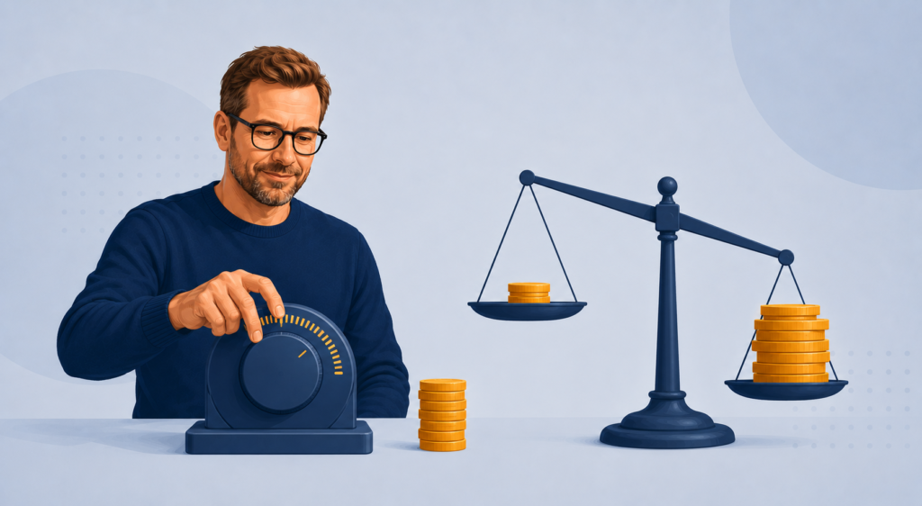 Illustratie van een belegger die met een draaiknop zijn risico doseert, naast een weegschaal die gouden munten afweegt