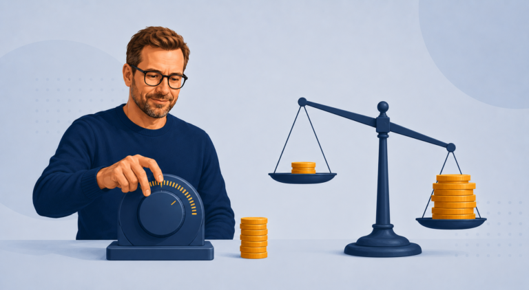 Illustratie van een belegger die met een draaiknop zijn risico doseert, naast een weegschaal die gouden munten afweegt